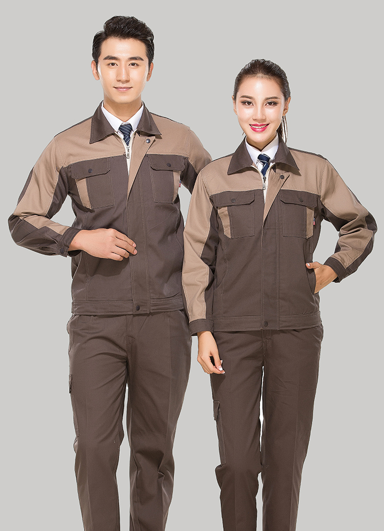全棉紗卡卡其色拼灰色拉鏈式工作服長袖套裝GZ-QM8023 全棉紗卡卡其色拼灰色拉鏈式工作服長袖套裝GZ-QM8023